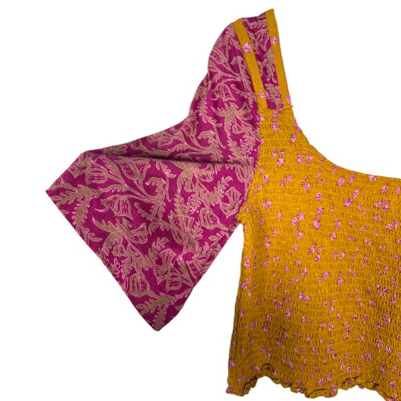 Free People Marigold Smocked Square Neck Golden Combo Size Large - Picture 5 of 8